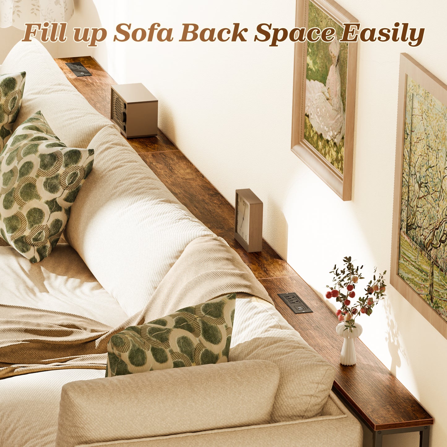 SUPERJARE 110.2 Inch Sofa Table with 2 Power Outlets and USB-C Port, 5.9 Inch Narrow Console Table with Storage, Extra-Long, for Entryway Hallway Couch Behind Sofa, Small Spaces, Rustic Brown