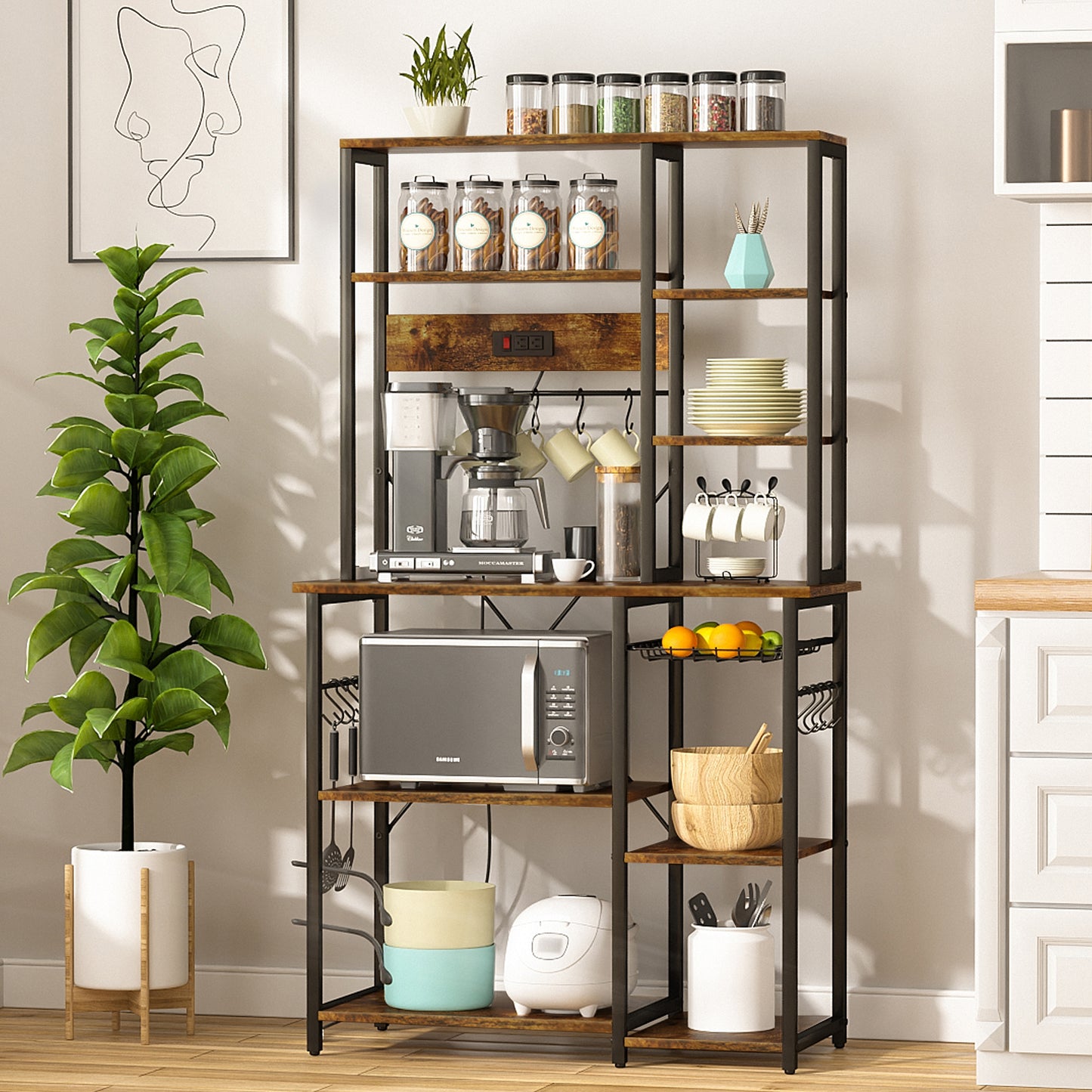 SUPERJARE Large Bakers Rack with Power Outlets, 6-Tier Coffee Bar with 12 S-Shaped Hooks, Wire Basket - Rustic Brown 80923ZC