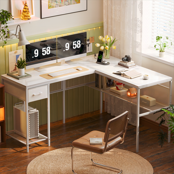 SUPERJARE L Shaped Desk with Power Outlets, Computer Desk with Drawer,