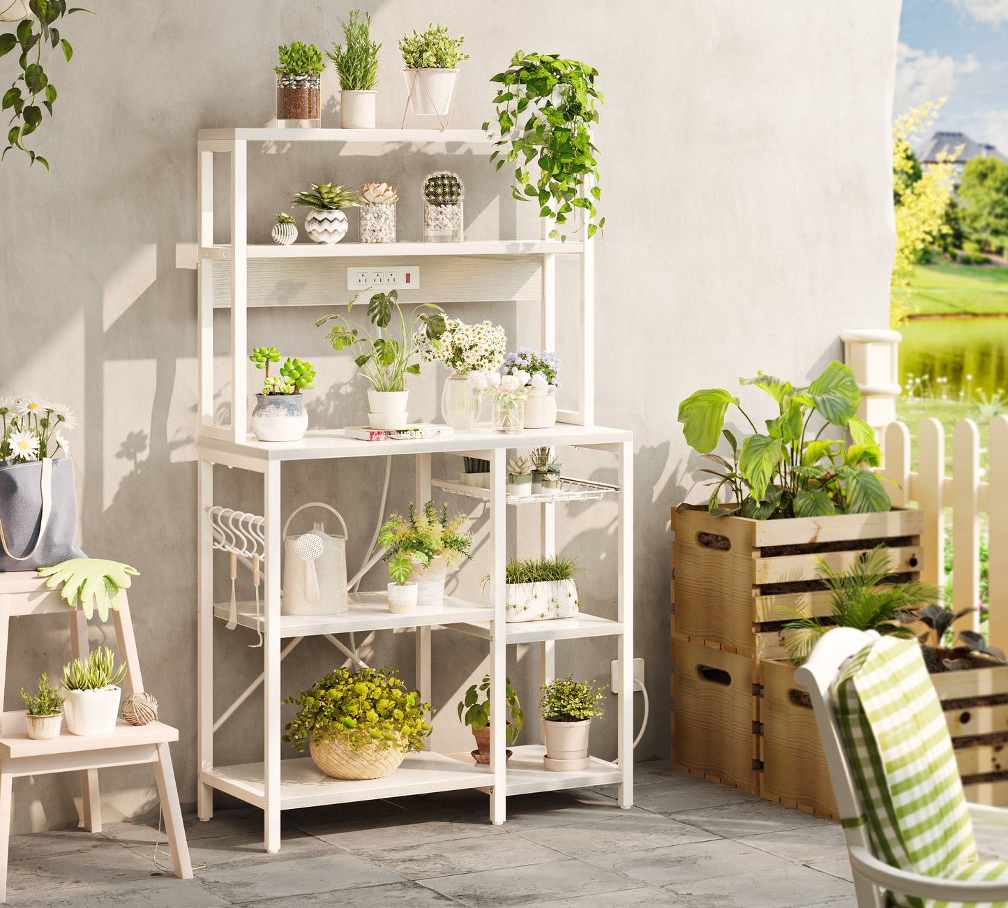 SUPERJARE Bakers Rack with Power Outlet, 35.4 Inches Coffee Bar with Wire Basket, Kitchen Microwave Stand with 6 S-Shaped Hooks, Open Storage Shelves, White