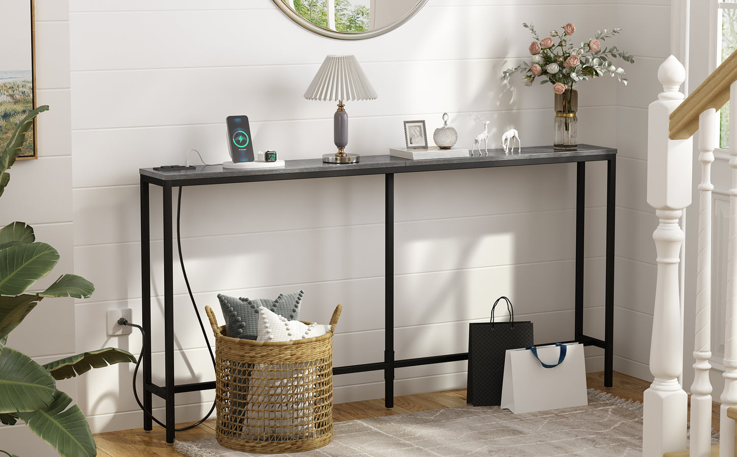 SUPERJARE Console Table with Charging Station - Charcoal Gray, 7928HC
