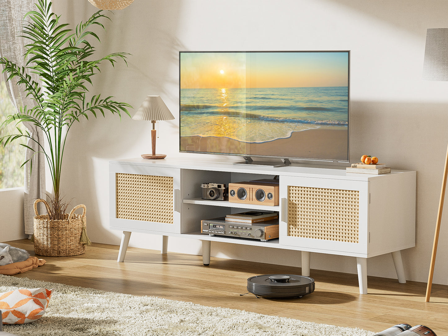 SUPERJARE 55 Inch TV Stand, Entertainment Center with Adjustable Shelf, Rattan TV Console with 2 Cabinets, Media Console, Solid Wood Feet, 4 Cord Holes, for Living Room, White