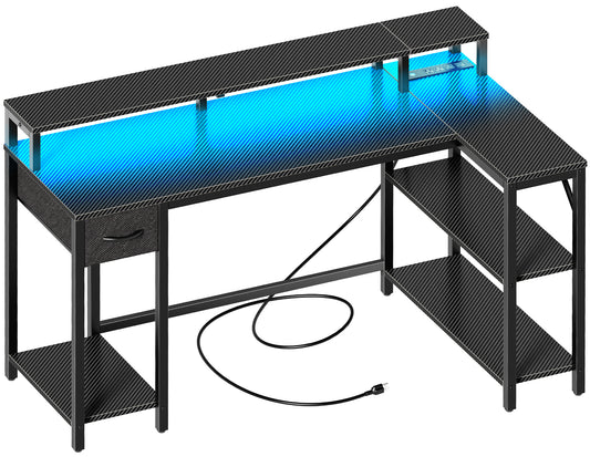 SUPERJARE 53 Inch L Shaped Desk with LED Lights & Power Outlets, Reversible Computer Desk with Shelves & Drawer, Corner Desk Home Office Desk, Carbon Fiber Black
