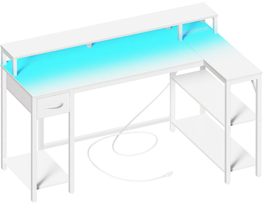 SUPERJARE 53 inch Reversible L Shaped Desk with LED Lights & Power Outlets, Computer Desk with Shelves & Monitor Stand, Gaming Desk with Drawer, Home Office Desk Corner Desk, PU White Drawer