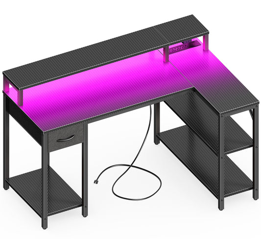 SUPERJARE 47 inch Reversible L Shaped Desk with LED Lights & Power Outlets, Computer Desk with Shelves & Monitor Stand, Gaming Desk with Drawer, Home Office Desk Corner Desk, Carbon Fiber Black