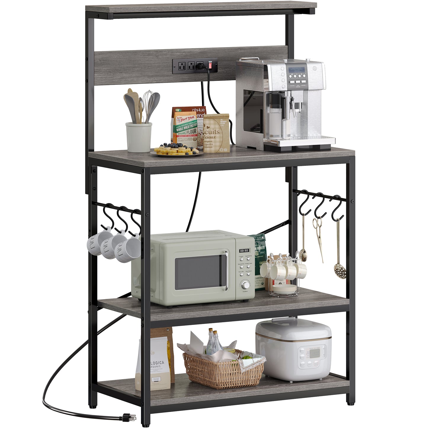 SUPERJARE Bakers Rack with Power Outlets, Microwave Stand, 31.5 X 16.5 Inch Larger Desktop, Kitchen Storage Rack with Adjustable Middle Shelf, 6 S-Shaped Hooks, Coffee Bar Stand, Grey