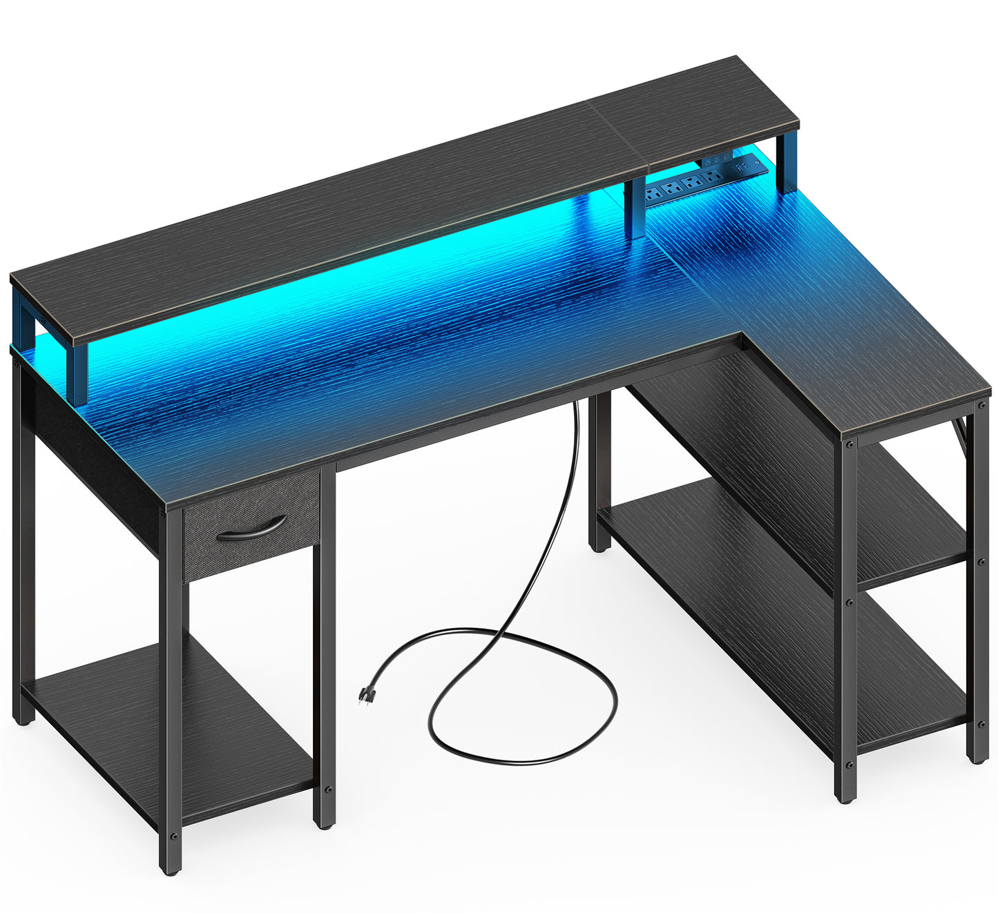 SUPERJARE 47 inch L Shaped Gaming Desk with LED Lights & Power Outlets, Reversible Computer Desk with Shelves & Monitor Stand, Corner Desk with Drawer, for Home & Office