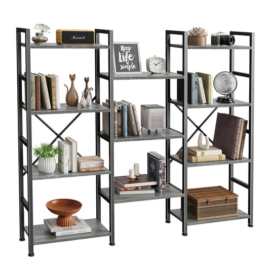 SUPERJARE Triple 4 Tier Bookshelf, Bookcase with 11 Open Display Shelves, Grey