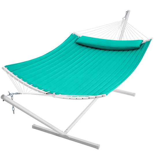 SUPERJARE Hammock with Stand, 2 Person Heavy Duty Hammock with Padded Cotton, Detachable Pillow & Strong Curved-Bar & Portable Carrying Bag, Perfect for Outdoor & Indoor, Turquoise