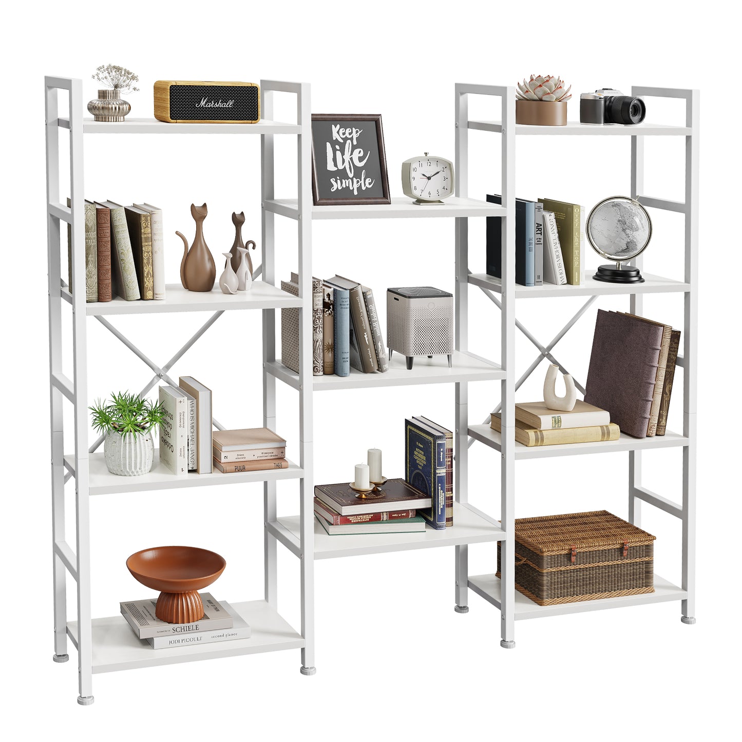 SUPERJARE Triple 4 Tier Bookshelf, Bookcase with 11 Open Display Shelves, Wide Book Shelf Book Case for Home & Office, White