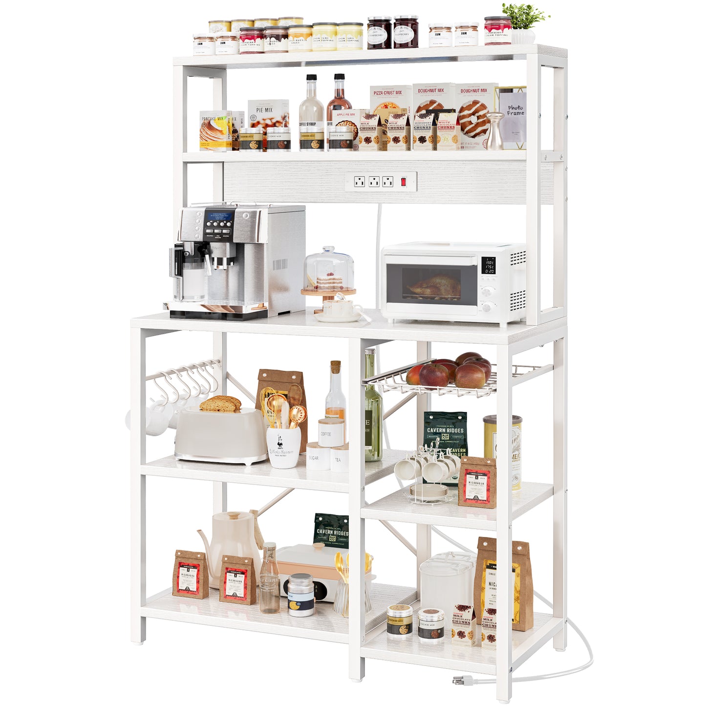 SUPERJARE Bakers Rack with Power Outlet, 35.4 Inches Coffee Bar with Wire Basket, Kitchen Microwave Stand with 6 S-Shaped Hooks, Open Storage Shelves, White