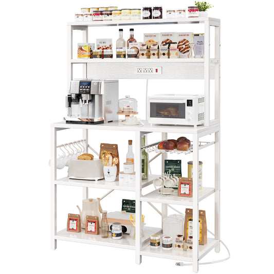 SUPERJARE Bakers Rack with Power Outlet, 35.4 Inches Coffee Bar with Wire Basket, Kitchen Microwave Stand with 6 S-Shaped Hooks, Open Storage Shelves, White