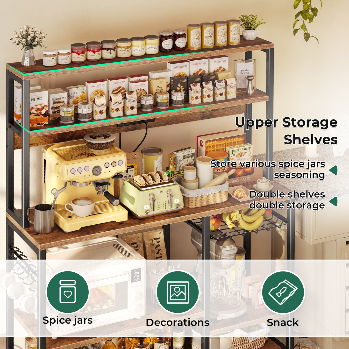 SUPERJARE Bakers Rack with Power Outlet, 47.2 Inches Coffee Bar with 3 Level-Adjustable Open Shelves, Wire Basket, Kitchen Microwave Stand with 6 S-Shaped Hooks, Rustic Brown