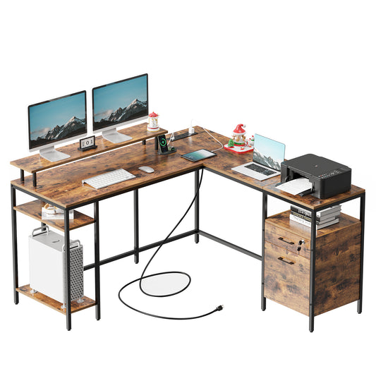 SUPERJARE Reversible Computer Desk with Power Outlets & File Cabinet, L Shaped Desk, Rustic Brown, 7936ZC