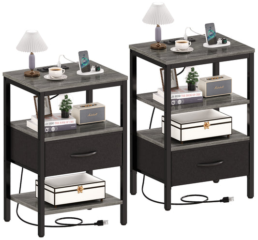 SUPERJARE Nightstand Set of 2, Bed Side Tables with Charging Station, Adjustable Fabric Drawer, Night Stand for Bedroom, 3-Tier Storage End Tables, for Living Room, Charcoal Gray