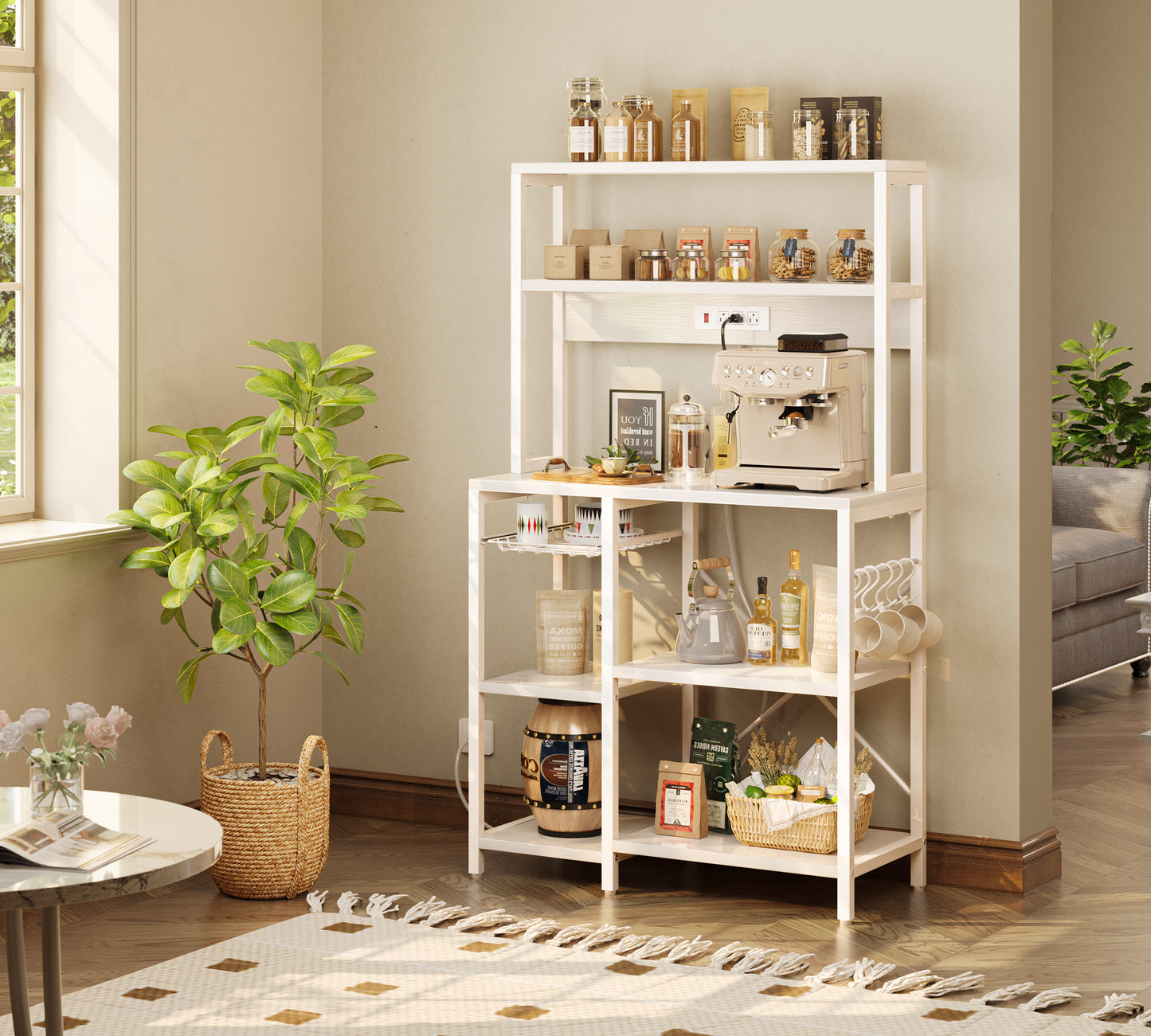 SUPERJARE Bakers Rack with Power Outlet, 35.4 Inches Coffee Bar with Wire Basket, Kitchen Microwave Stand with 6 S-Shaped Hooks, Open Storage Shelves, White