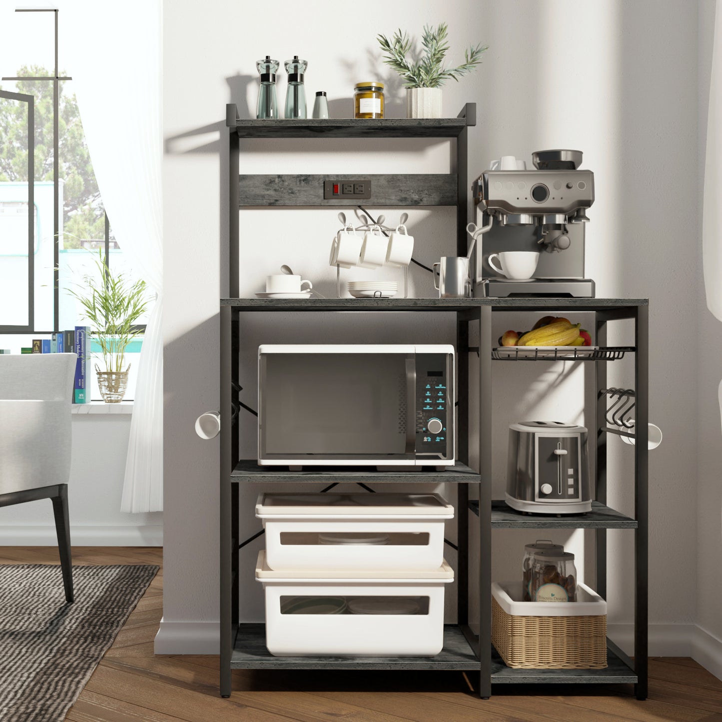 SUPERJARE Bakers Rack with Power Outlet, Microwave Stand, Coffee Bar with Wire Basket, Kitchen Storage Rack with 6 S-Hooks, Charcoal Gray