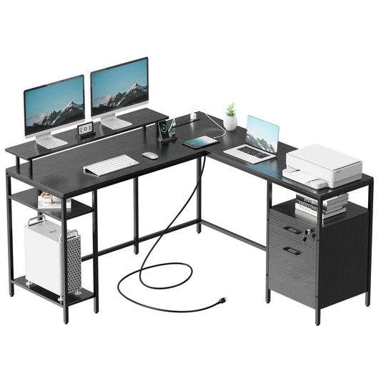 SUPERJARE Reversible Computer Desk with Power Outlets & File Cabinet, L Shaped Desk, Black, 7936BC