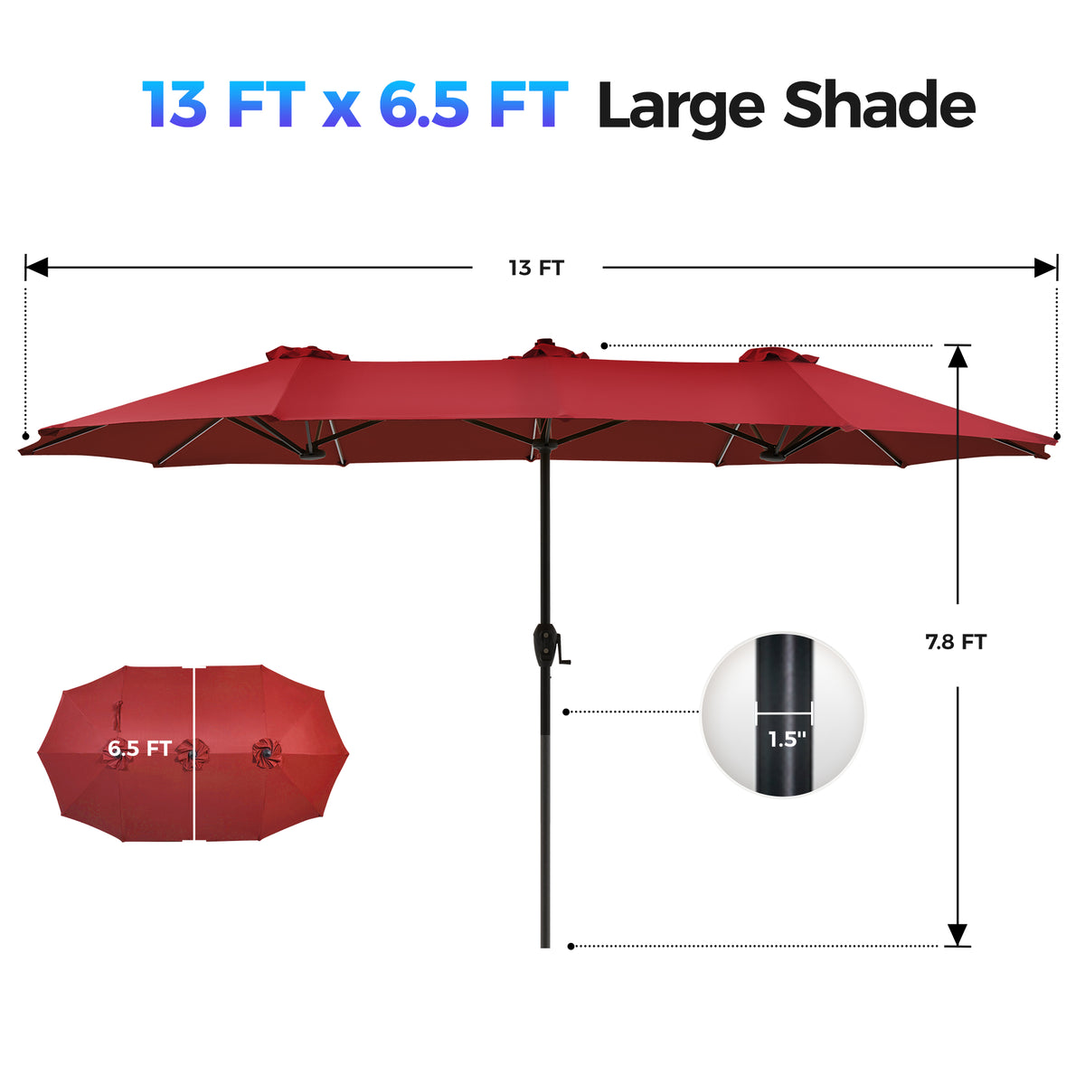 SUPERJARE 13ft Outdoor Patio Umbrella with Solar Lights, Double-sided Deck Pool Umbrella with 1.5 Inch Pole, Fade Resistant Canopy, 12 Sturdy Ribs, for Porch, Market, Backyard, Burgundy(No Base)