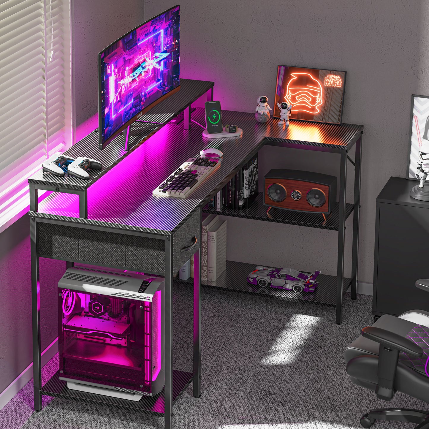 SUPERJARE L Shaped Gaming Desk with LED Lights & Power Outlets, Reversible Computer Desk with Shelves & Drawer, Corner Desk Home Office Desk, Carbon Fiber Black