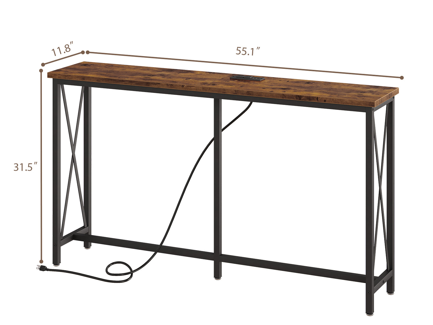 SUPERJARE Console Table with Charging Station, Entryway Table, 2 Power Outlets and 2 USB Ports, Vintage Brown 7938ZC