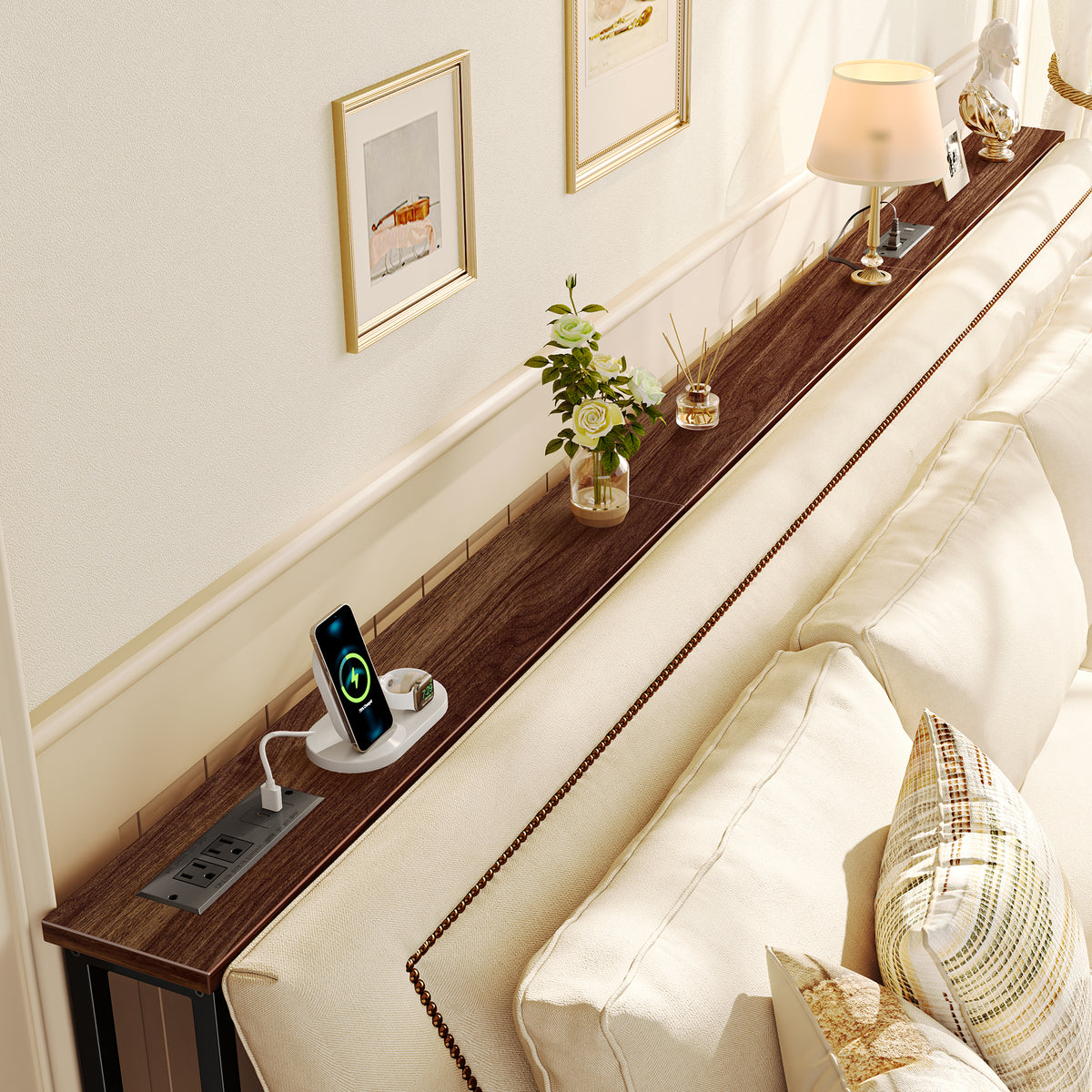 SUPERJARE 102 Inch Sofa Table with 2 Power Outlets and USB-C Ports 5.9 Inch Narrow Console Table with Storage, Extra-Long, for Entryway Hallway Couch Behind Sofa, Small Spaces, Walnut