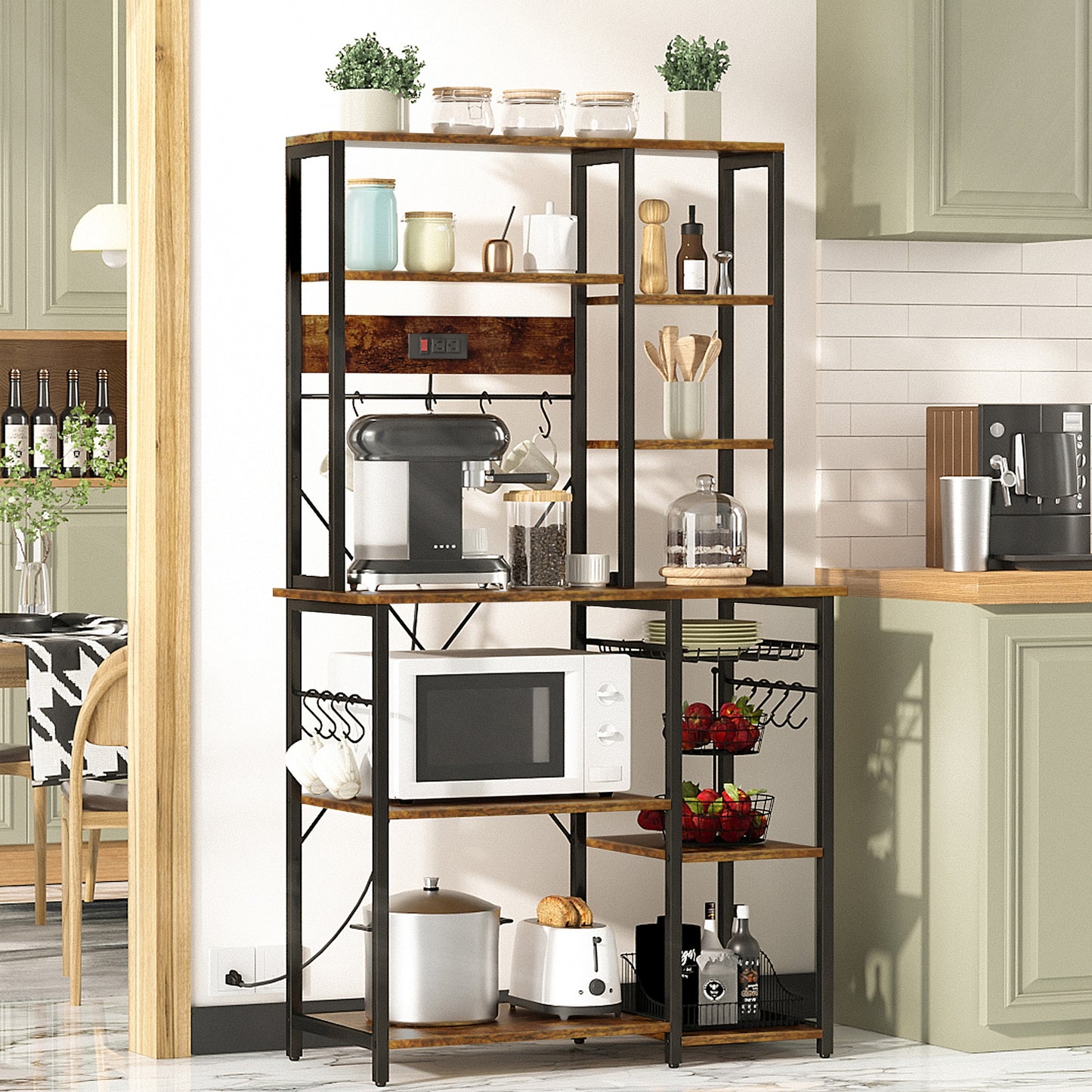 SUPERJARE Large Bakers Rack with Power Outlets, 6-Tier Coffee Bar with 12 S-Shaped Hooks, Wire Basket - Rustic Brown 80923ZC