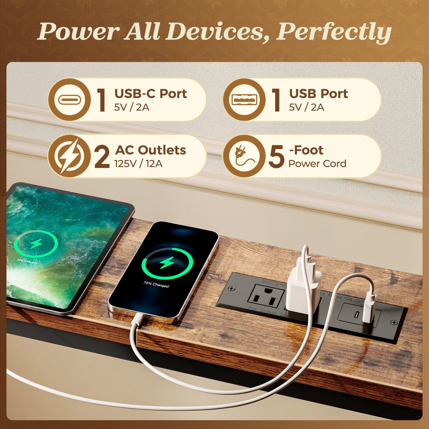 SUPERJARE 110.2 Inch Sofa Table with 2 Power Outlets and USB-C Port 5.9 Inch Narrow Console Table with Storage, Extra-Long, for Entryway Hallway Couch Behind Sofa, Small Spaces, Rustic Brown