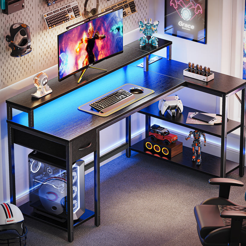 SUPERJARE 53 inch Reversible L Shaped Desk with LED Lights & Power Out