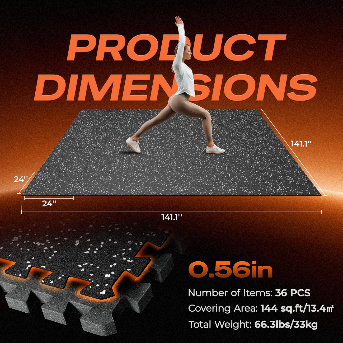 SUPERJARE 0.56'' Thick 36 Pcs 144 Sq Ft Rubber Top Exercise Equipment Mats, High Density EVA Foam Mats with Rubber Top, Interlocking Gym Flooring for Home Gym, Protective Workout Mat, Black/Grey