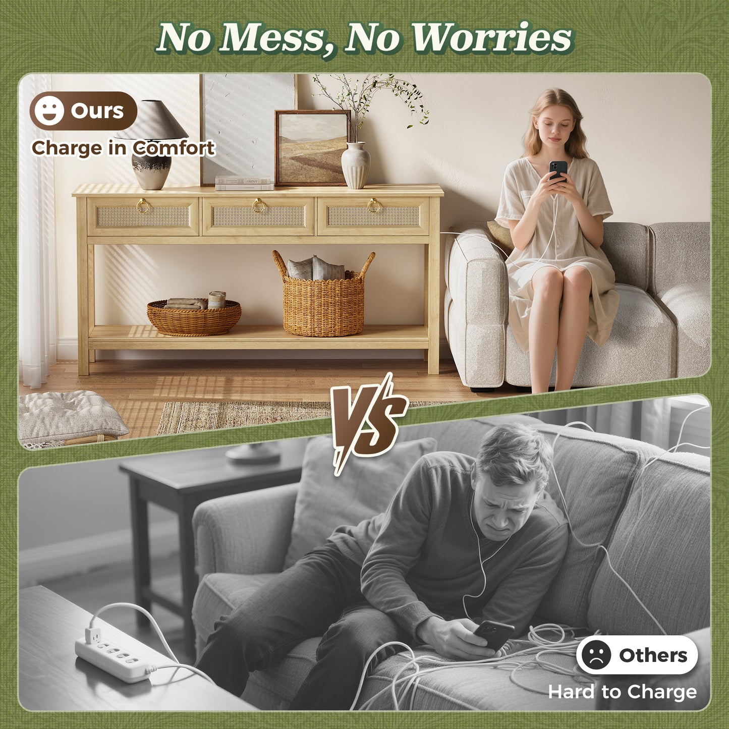 SUPERJARE Rattan Console Sofa Table with Outlets and USB-C Port, 3 Drawer Entryway Table with Synthetic Rattan Surface, 53.9 Inch, Open Shelf, Behind Couch Entry Foyer Hallway Storage, Natural