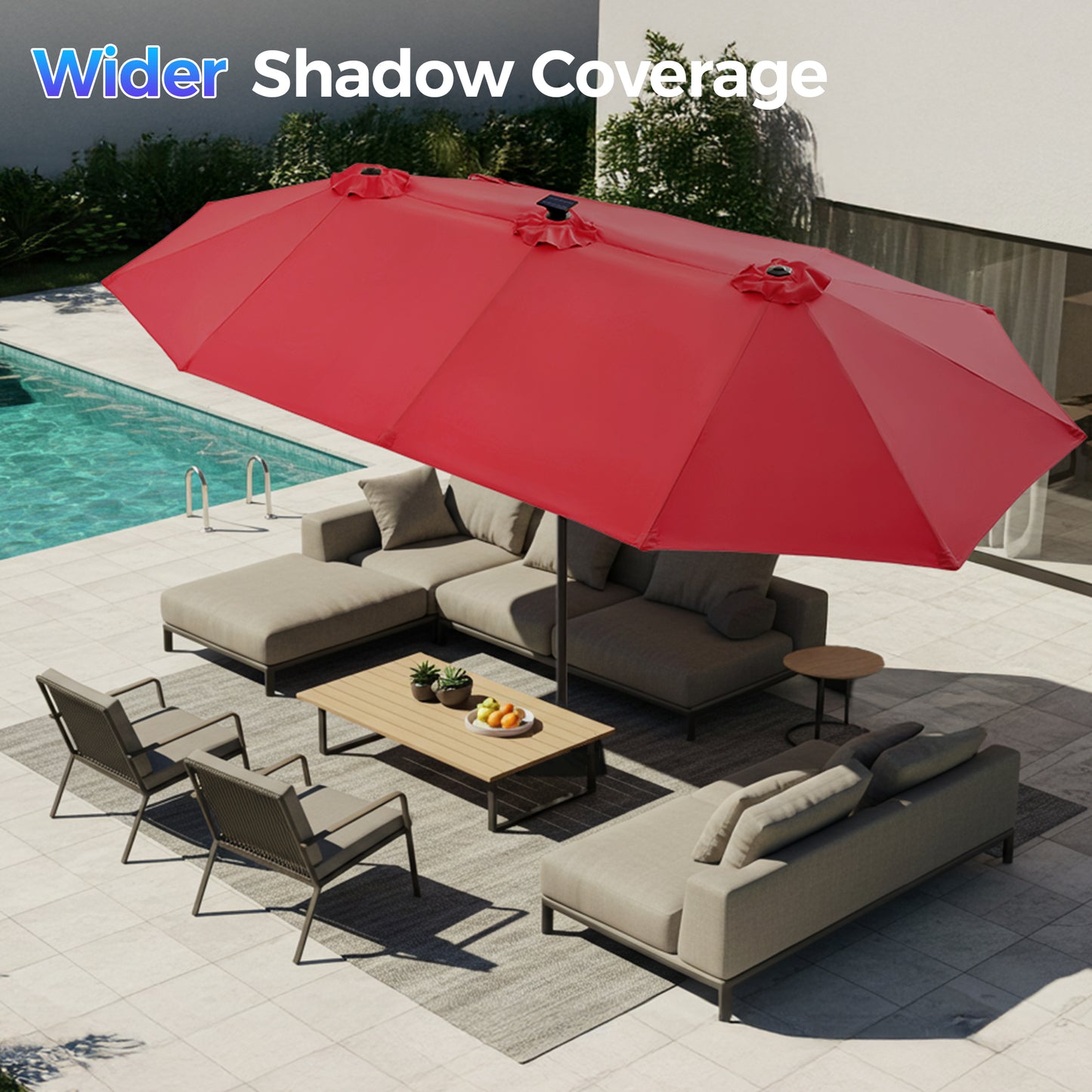SUPERJARE 13ft Outdoor Patio Umbrella with Solar Lights, Double-sided Deck Pool Umbrella with 1.5 Inch Pole, Fade Resistant Canopy, 12 Sturdy Ribs, for Porch, Market, Backyard, Burgundy(No Base)