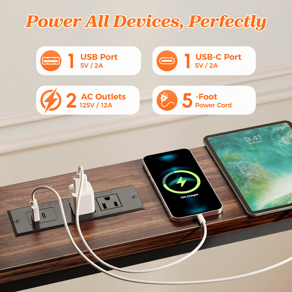 SUPERJARE 102 Inch Sofa Table with 2 Power Outlets and USB-C Ports 5.9 Inch Narrow Console Table with Storage, Extra-Long, for Entryway Hallway Couch Behind Sofa, Small Spaces, Walnut