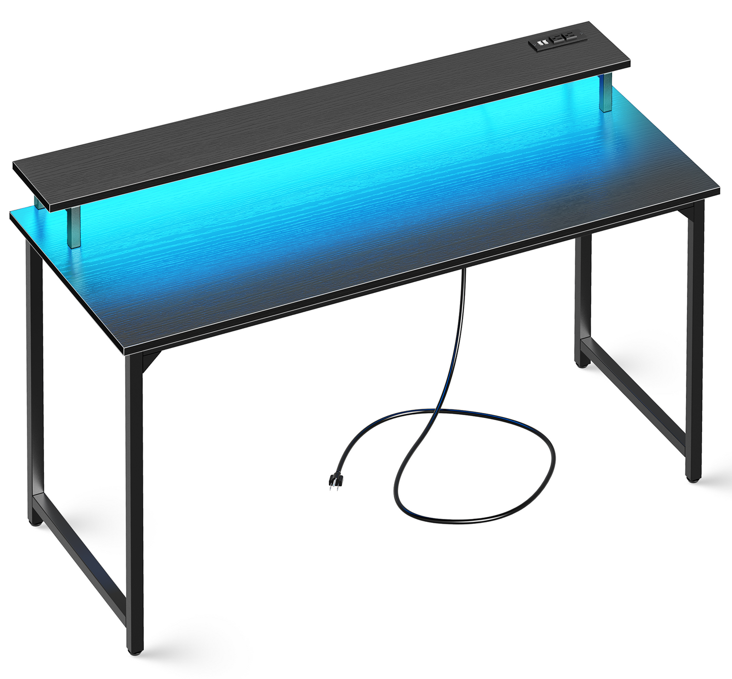 SUPERJARE 55 inch Computer Desk with LED Lights & Power Outlets, Gaming Desk with Monitor Shelf, Small Office Desk for Home & Office, Black