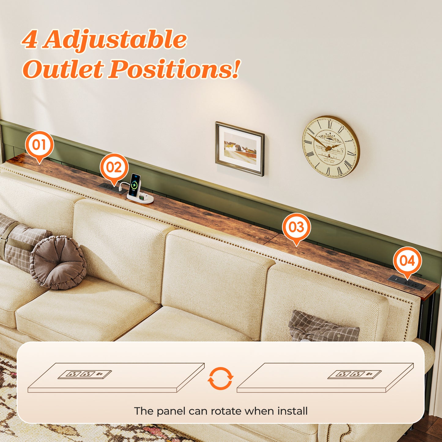 SUPERJARE 102 Inch Sofa Table with 2 Power Outlets and USB-C Ports, 5.9 Inch Narrow Console Table with Storage, Extra-Long, for Entryway Hallway Couch Behind Sofa, Small Spaces, Rustic Brown