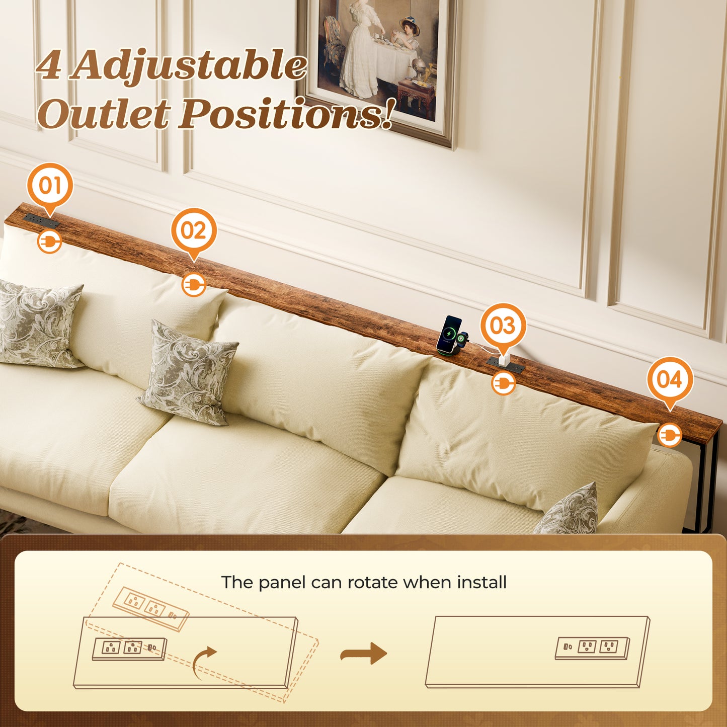 SUPERJARE 110.2 Inch Sofa Table with 2 Power Outlets and USB-C Port 5.9 Inch Narrow Console Table with Storage, Extra-Long, for Entryway Hallway Couch Behind Sofa, Small Spaces, Rustic Brown