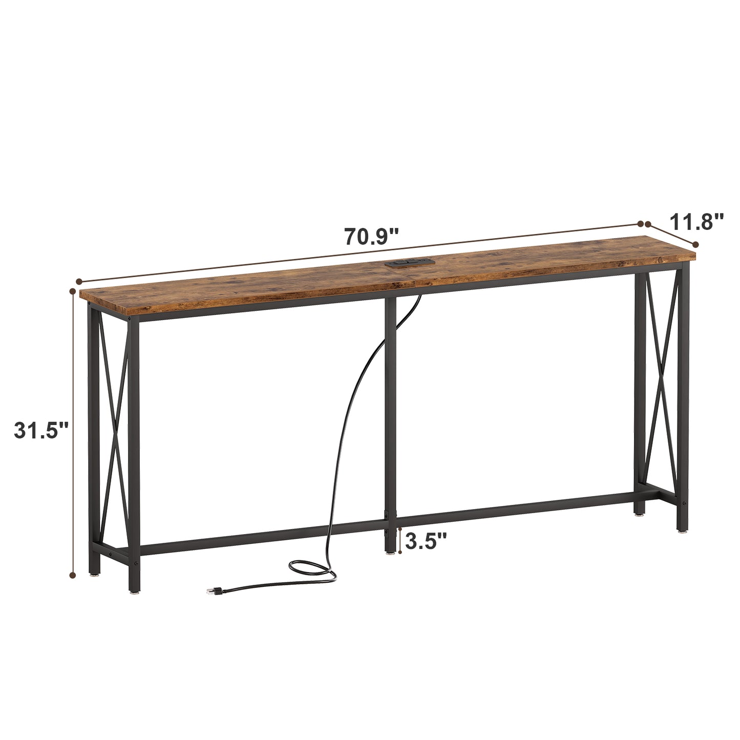 SUPERJARE 70 Inch Console Table with Outlet, Extra Long Entryway Table with Metal Frame and X-Shaped Design, Narrow Sofa Table for Living Room and Hallway - Rustic Brown