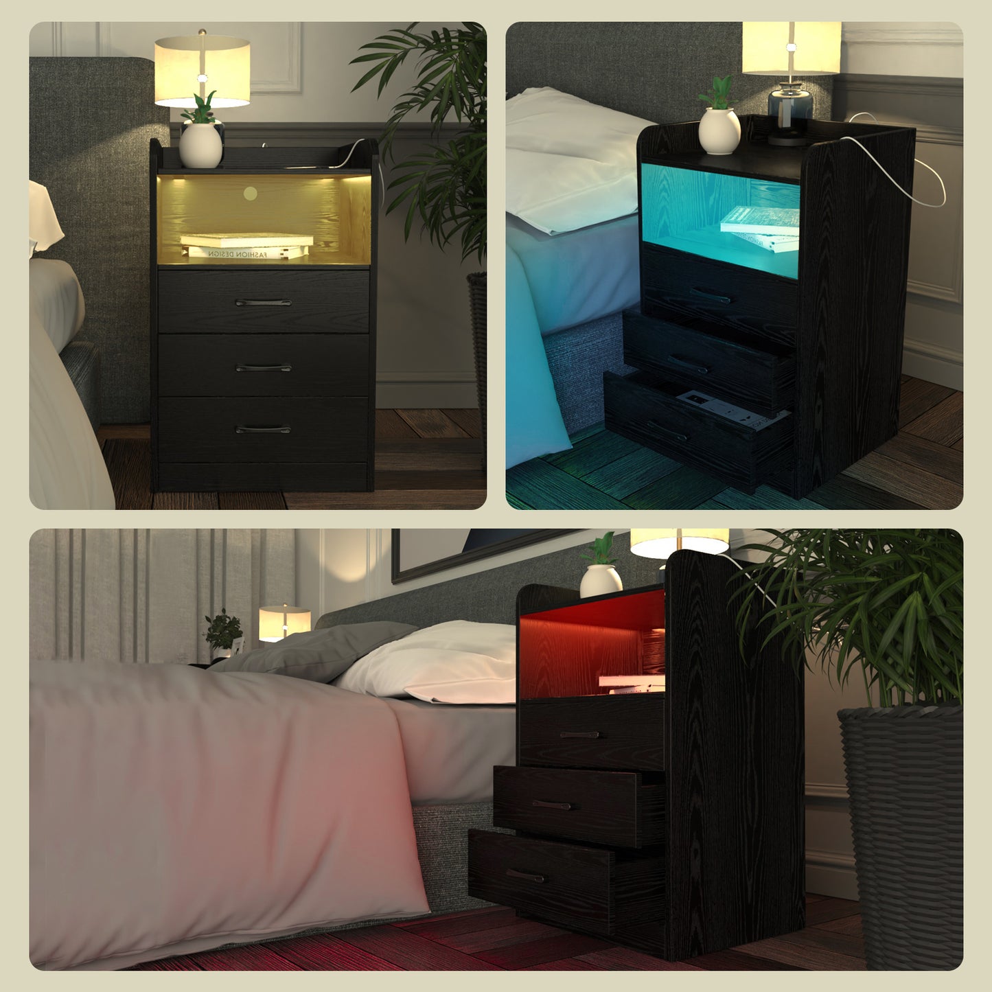 SUPERJARE Nightstand with Charging Station and LED Light Strips, Night Stand with Drawers, End Table, Black
