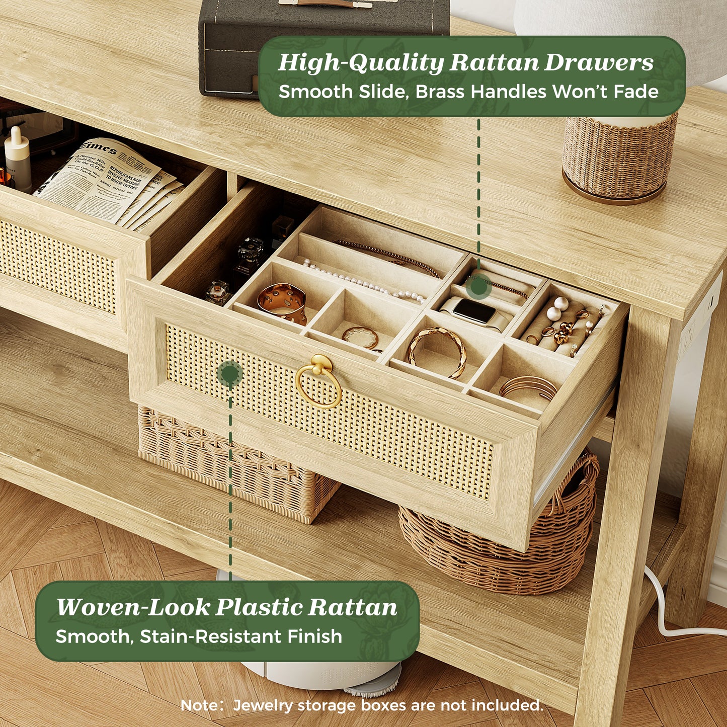SUPERJARE Rattan Console Sofa Table with Outlets and USB-C Port, 3 Drawer Entryway Table with Synthetic Rattan Surface, 53.9 Inch, Open Shelf, Behind Couch Entry Foyer Hallway Storage, Natural