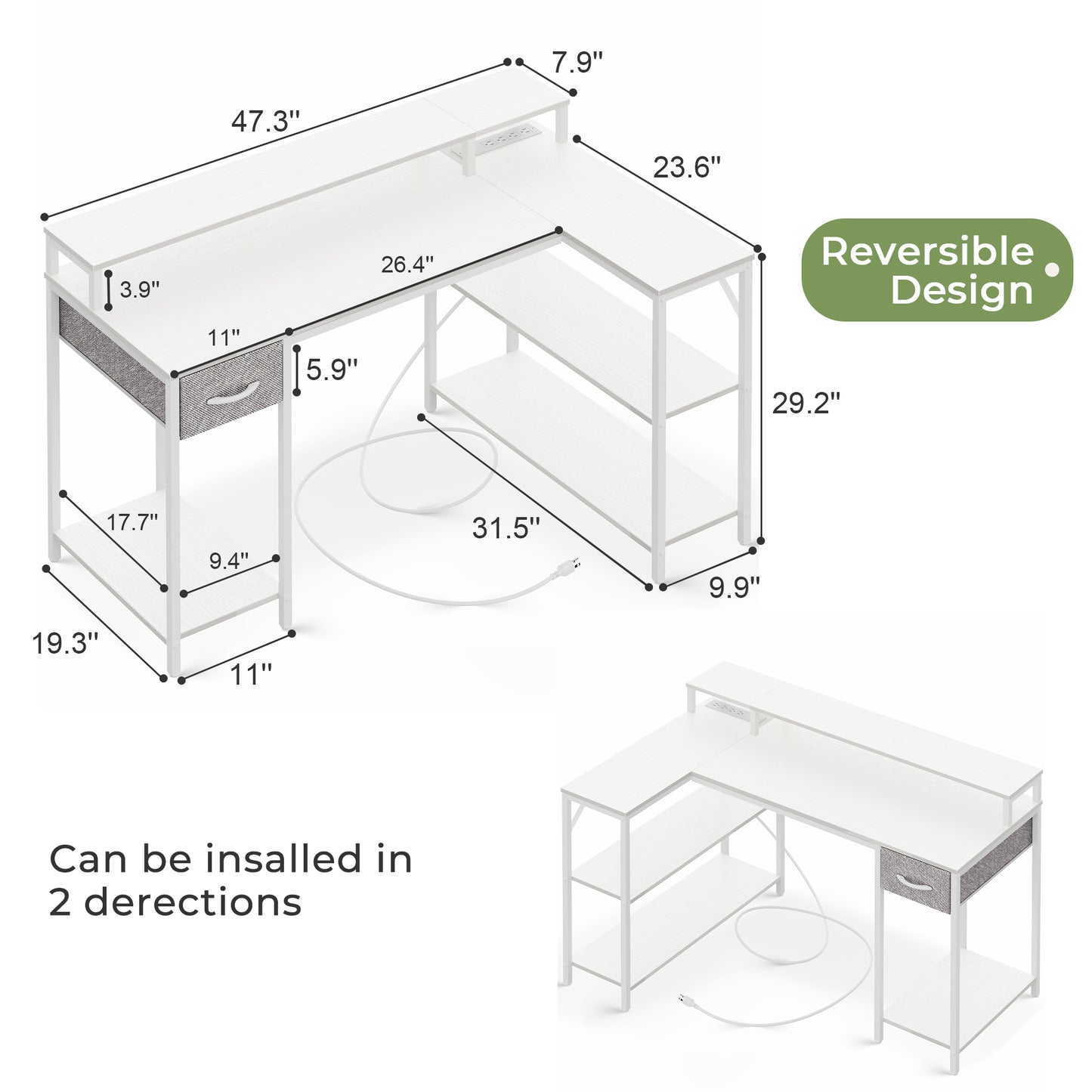 SUPERJARE L Shaped Gaming Desk with LED Lights & Power Outlets, Reversible Computer Desk with Shelves & Drawer, Corner Desk Home Office Desk, White