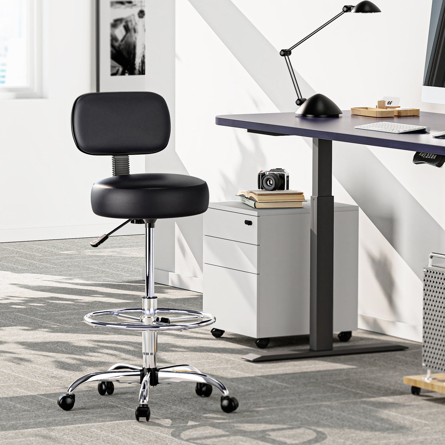 SUPERJARE Drafting Chair with Back, Adjustable Foot Rest Rolling Stool, Multi-Purpose Office Desk Chair, Thick Seat Cushion for Home Bar Kitchen Shop - Black