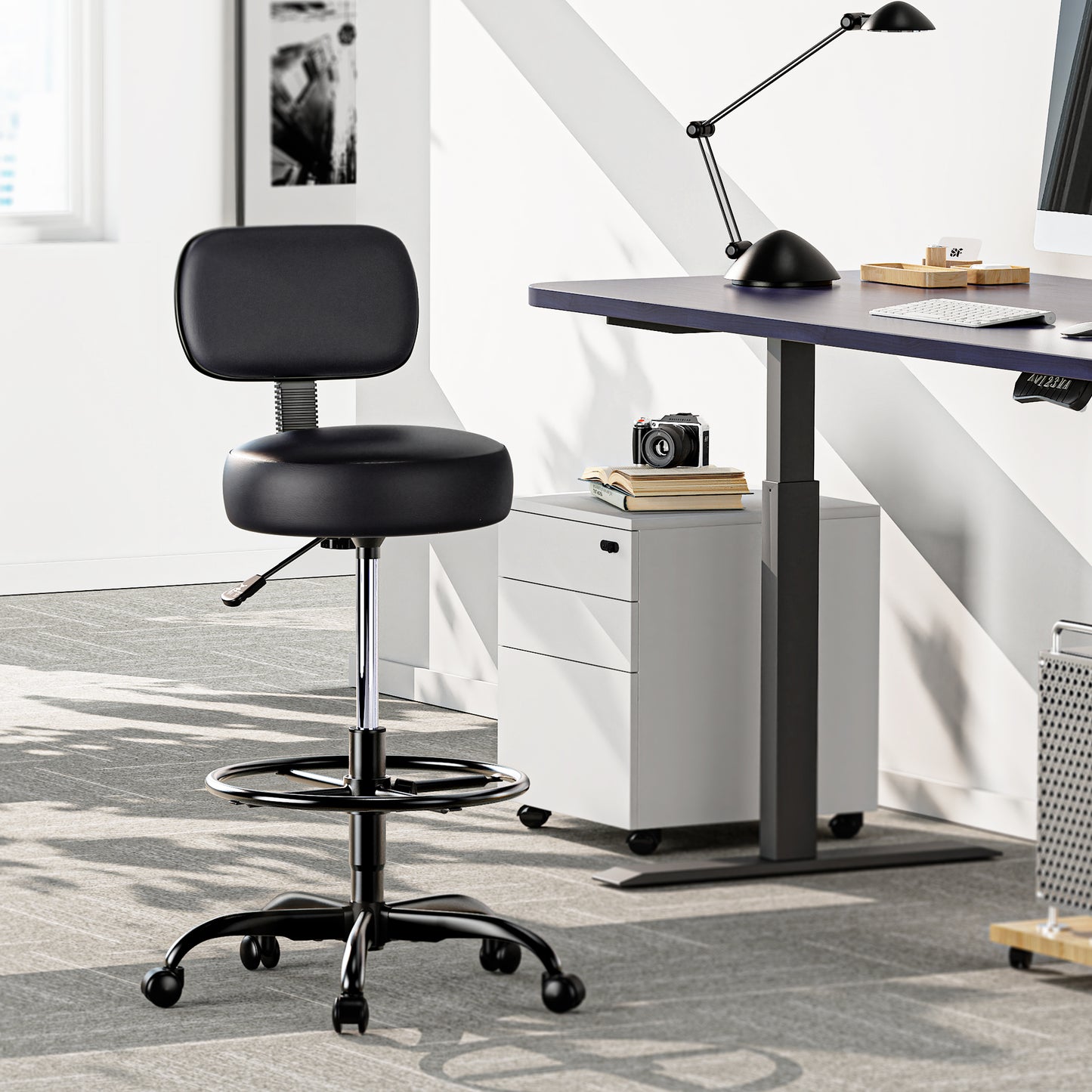 SUPERJARE Drafting Chair with Back, Adjustable Foot Rest Rolling Stool, Multi-Purpose Office Desk Chair, Thick Seat Cushion for Home Bar Kitchen Shop - All Black