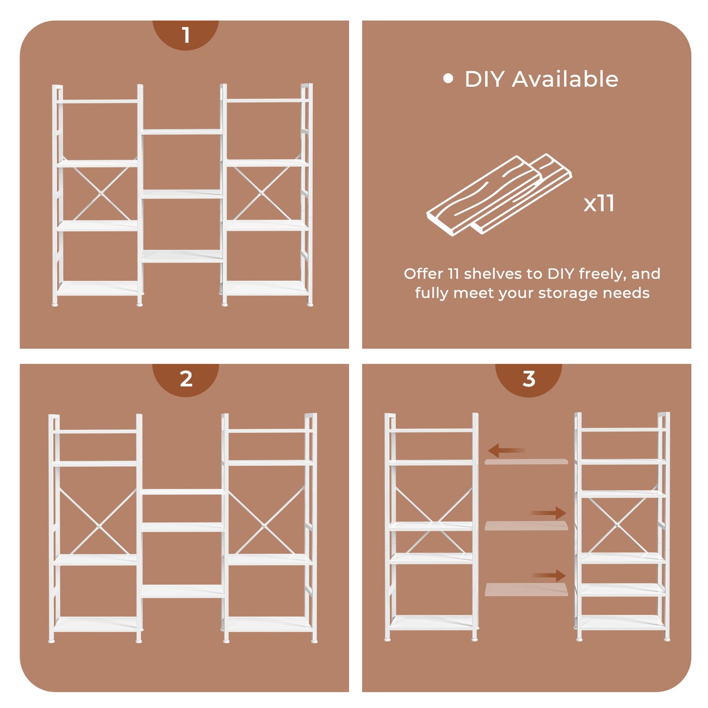 SUPERJARE Triple 4 Tier Bookshelf, Bookcase with 11 Open Display Shelves, Wide Book Shelf Book Case for Home & Office, White