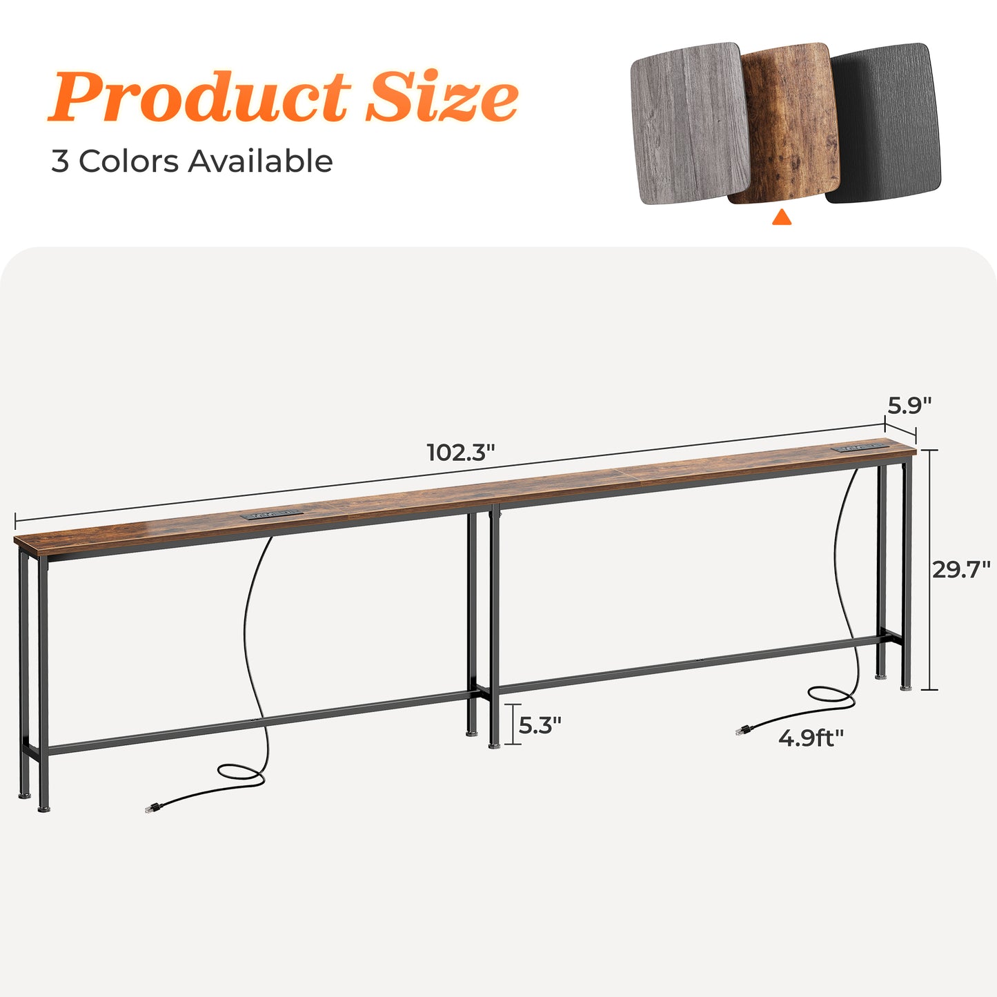 SUPERJARE 102 Inch Sofa Table with 2 Power Outlets and USB-C Ports, 5.9 Inch Narrow Console Table with Storage, Extra-Long, for Entryway Hallway Couch Behind Sofa, Small Spaces, Rustic Brown