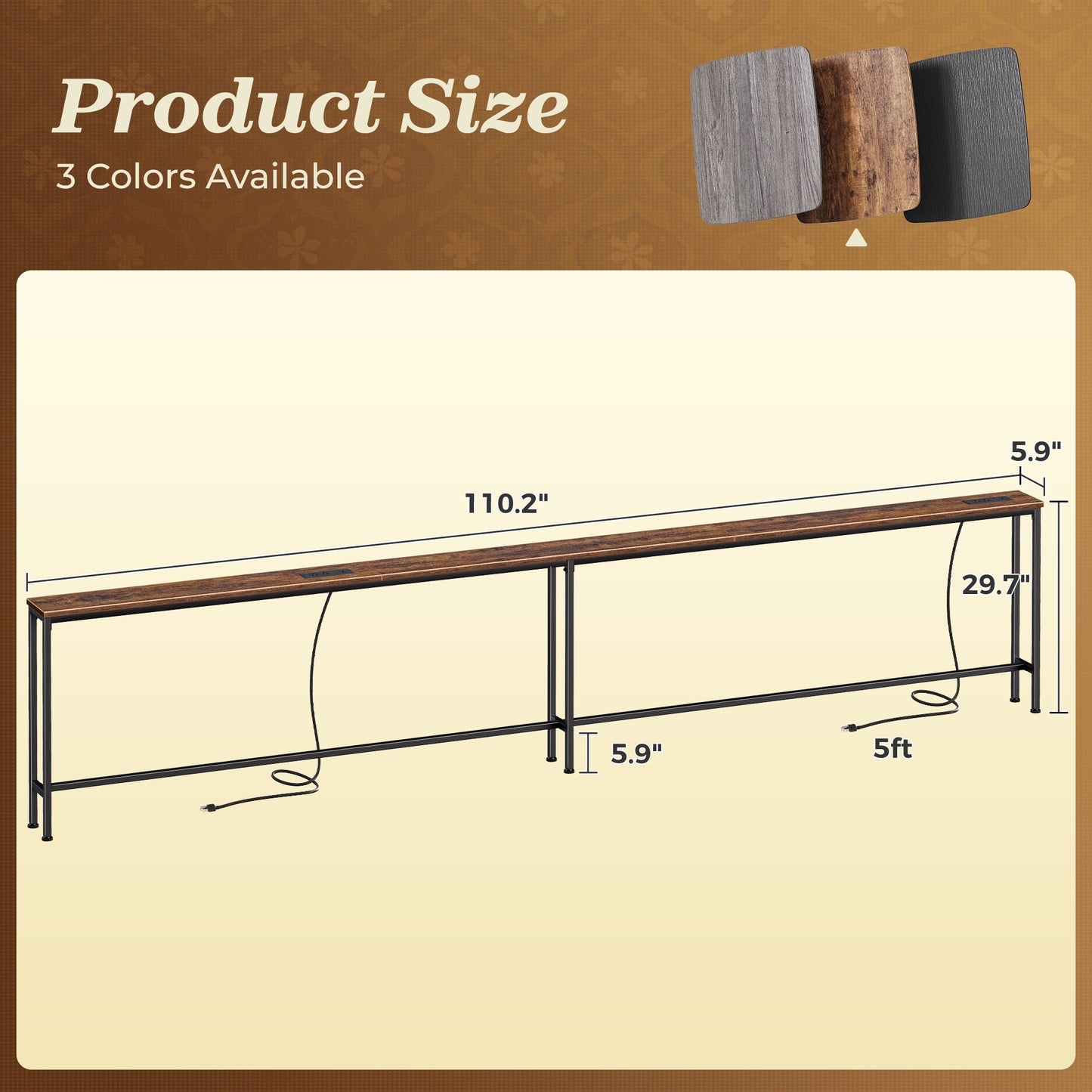 SUPERJARE 110.2 Inch Sofa Table with 2 Power Outlets and USB-C Port 5.9 Inch Narrow Console Table with Storage, Extra-Long, for Entryway Hallway Couch Behind Sofa, Small Spaces, Rustic Brown