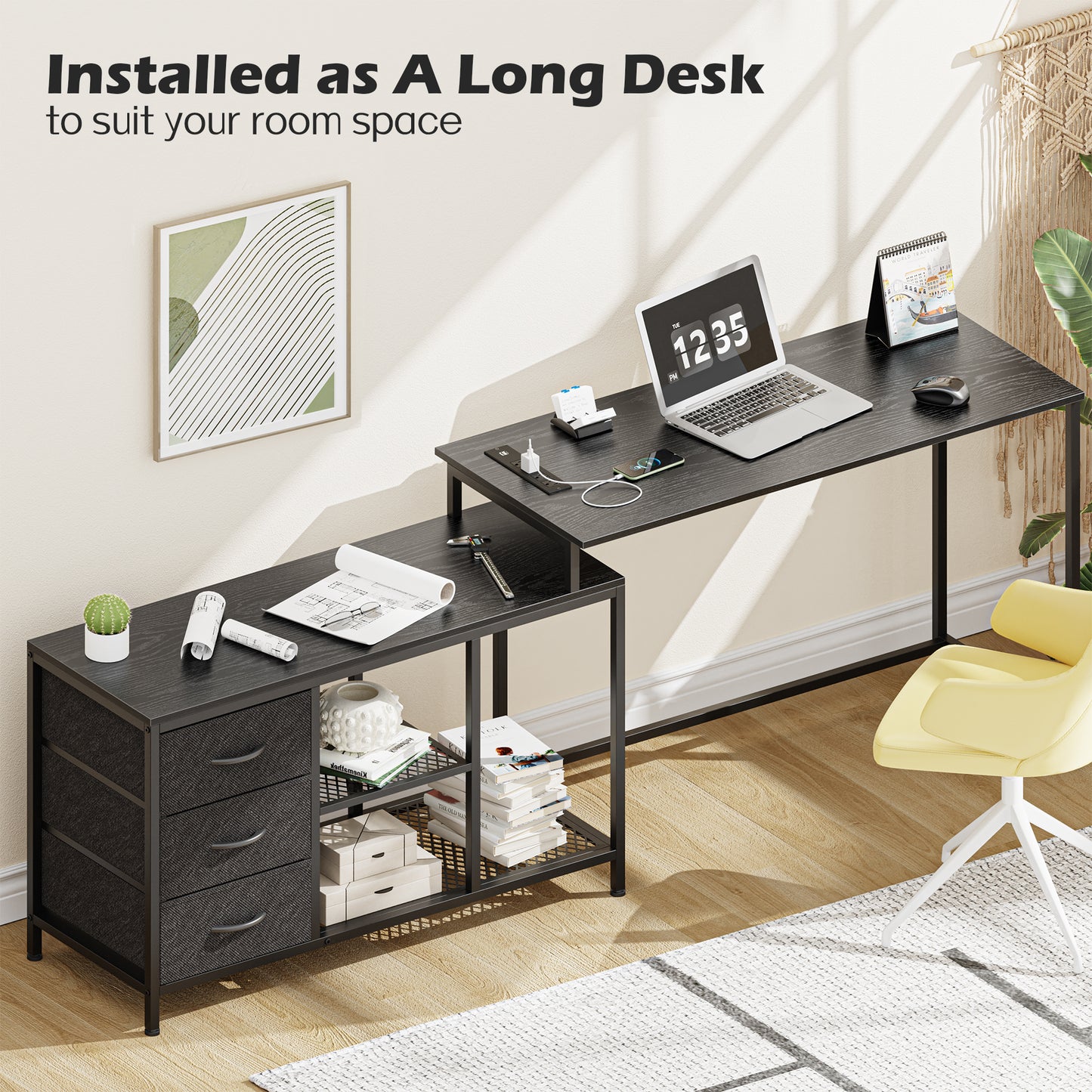 SUPERJARE L Shaped Desk with Power Outlets, Drawers & Shelves, Black, 7944BC