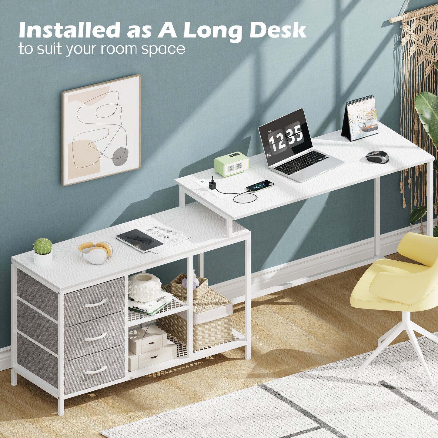 SUPERJARE L Shaped Desk with Power Outlets, Drawers & Shelves, White, 7944WC