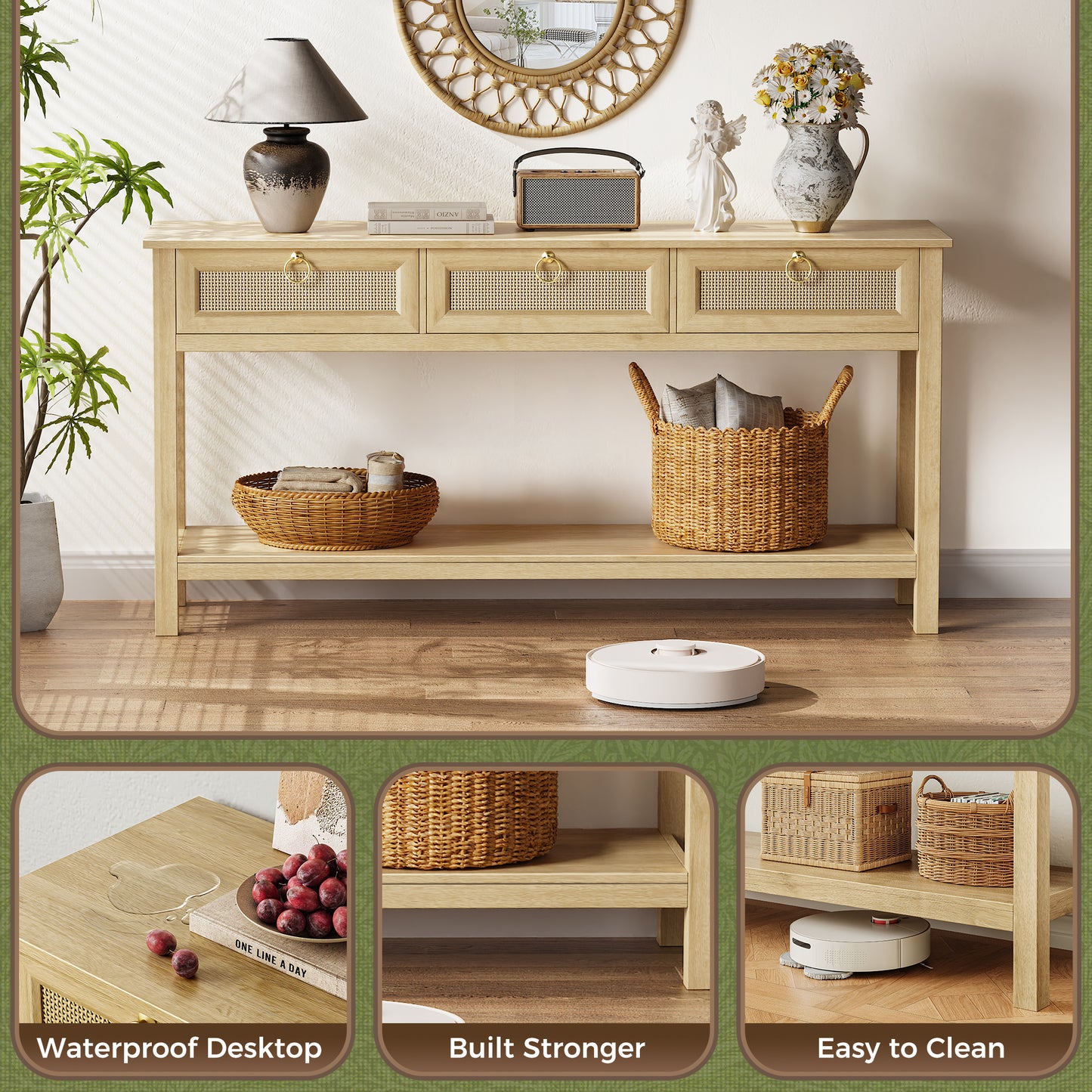 SUPERJARE Rattan Console Sofa Table with Outlets and USB-C Port, 3 Drawer Entryway Table with Synthetic Rattan Surface, 53.9 Inch, Open Shelf, Behind Couch Entry Foyer Hallway Storage, Natural