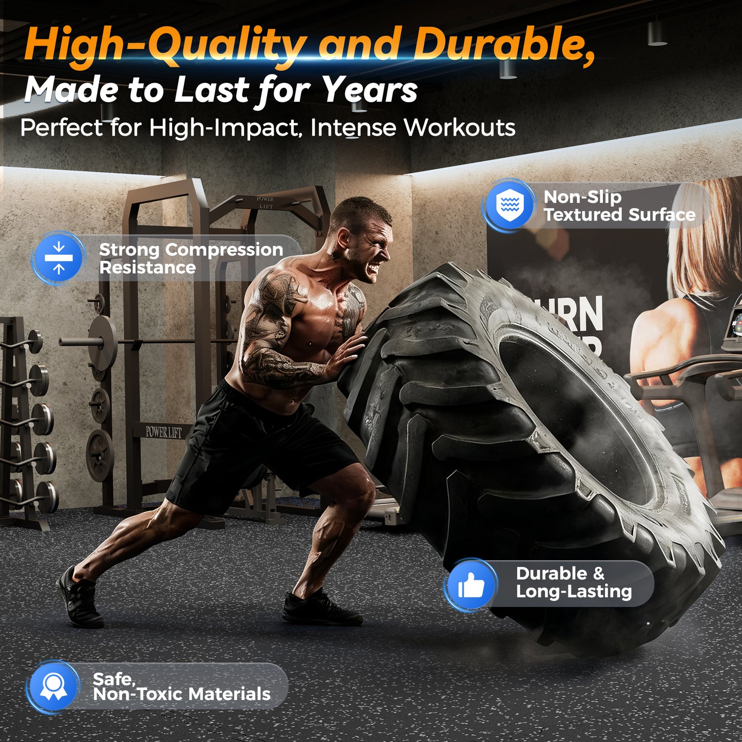 SUPERJARE 1" Extra-Thick Rubber Top Exercise Mat, Gym Flooring for Home Gym Puzzle Gym Mat for Workout Equipment, Interlocking Floor Tiles with EVA Foam, 12 Pcs 48 Sq Ft, Black/Grey