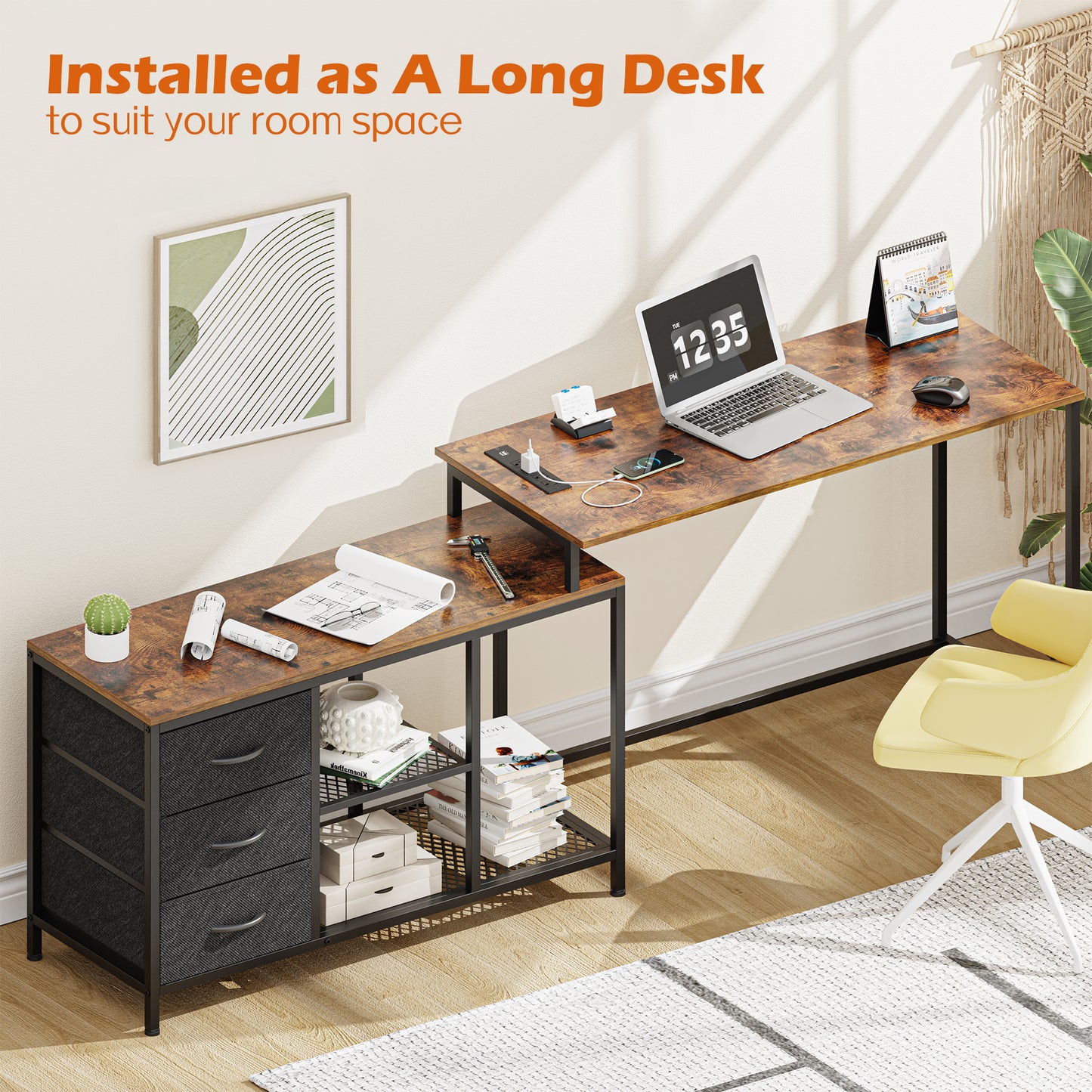 SUPERJARE L Shaped Desk with Power Outlets, Drawers & Shelves, Rustic Brown, 7944ZC